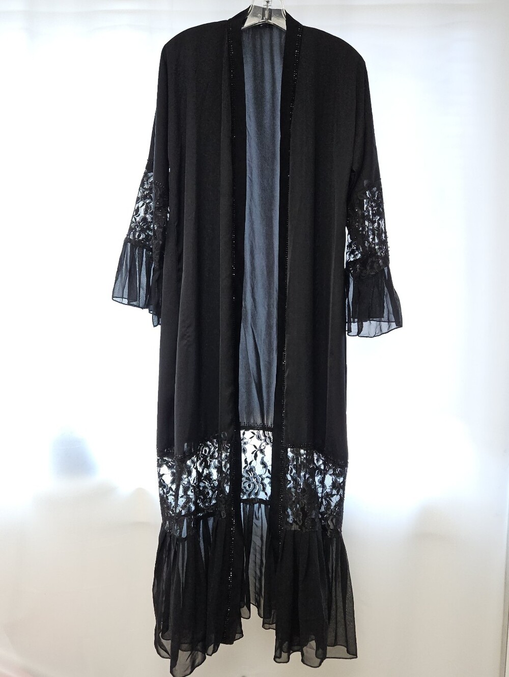 Black Lace-Trim Long Kimono Robe Goth Layering Size L